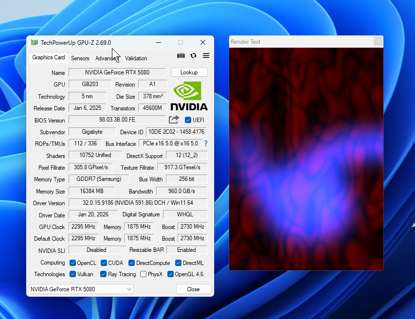 GPU-Z showing PCIe 5.0 x16 connection at full bandwidth